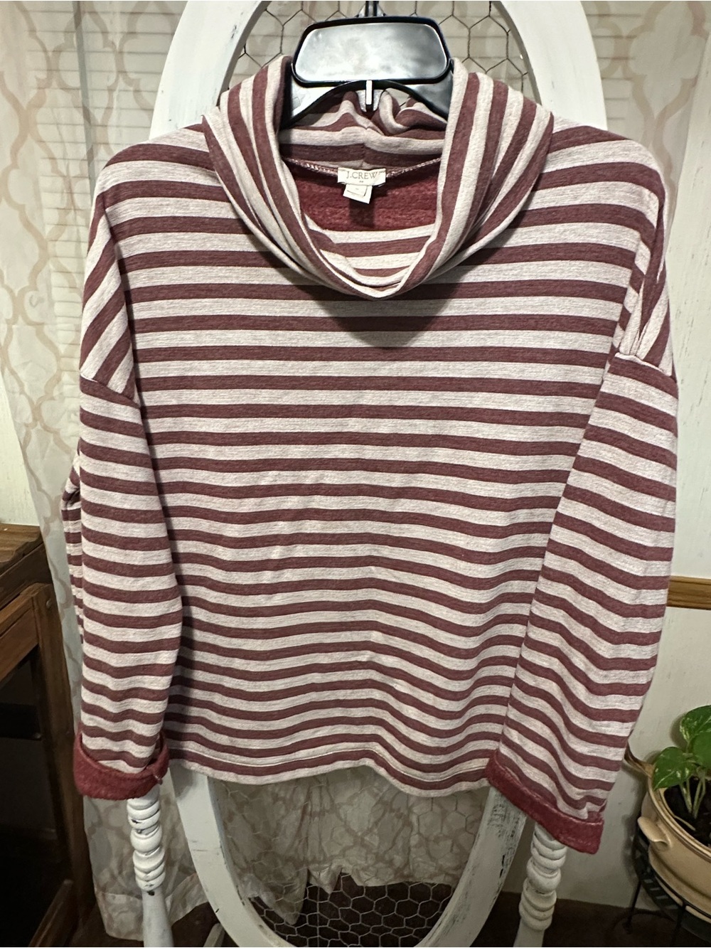 J. Crew Striped Cowl Neck Sweater in Maroon & Cream